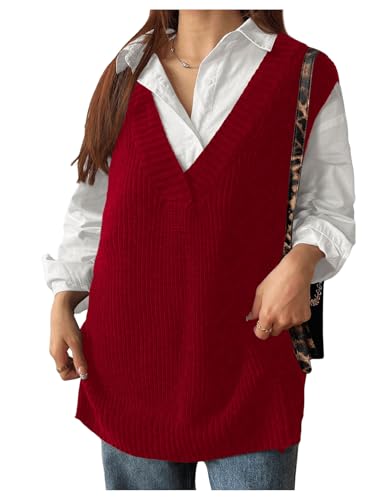 MakeMeChic Women's Plus Size Loose Sweater Vest V Neck Sleeveless Cable Knit Sweaters