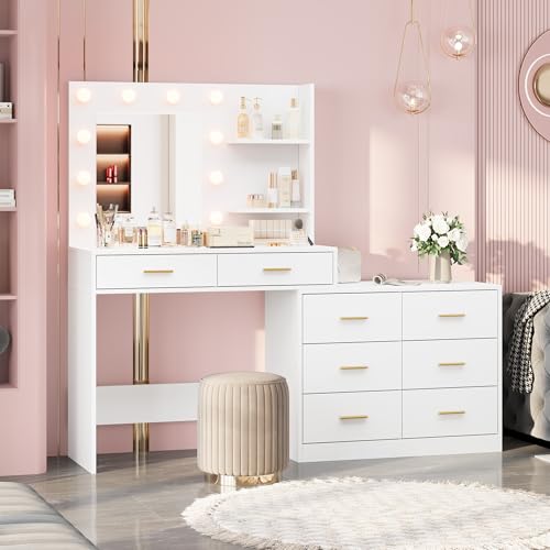 61" Make Up Vanity Desk with Mirror and Lights, White Vanity with 8 Wide Storage Drawers & 2 Tier Shelves, 3 Lighting Modes with Adjustable Brightness for Bedroom