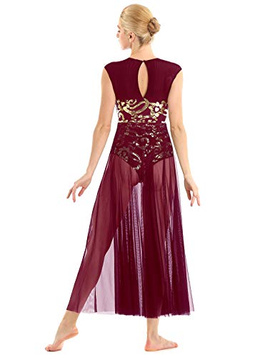 JanJean Womens Lyrical Floral Sequin Tank Leotard Maxi Dress Contemporary Ballet Dance Dress Wine_Red XL - Thumbnail 4