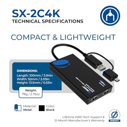 Image of OREI SplitExtend 4K HDMI Splitter Extended Display for Dual Monitor | Multi-Monitor Display 3 Separate Screens - USB A & USB-C Adapter to HDMI 2.0, 4K@60hz, DisplayLink Driver MacOS, Windows