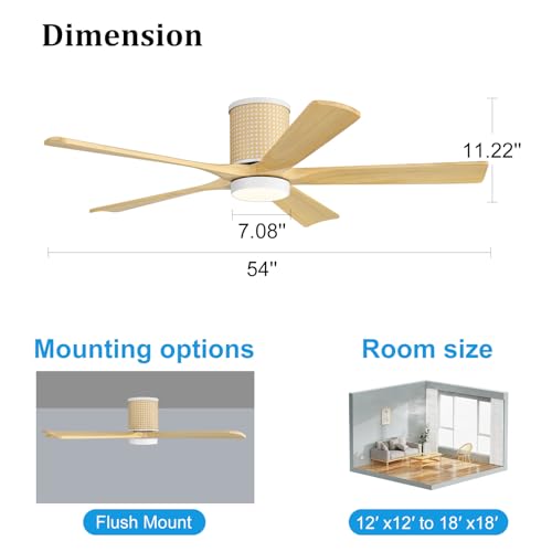 WINGBO Ceiling Fan with Lights - 54 inch Solid Wood Flush Mount Ceiling Fan with Remote,3CCT, Dimmable LED,5 Blades, 6-Speed Noiseless Powerful DC Motor, ETL Listed (White+Light Wood) by WINGBO - Used condition - Image 9
