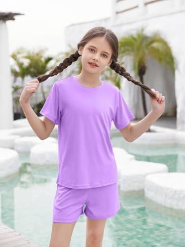 Image of Girls Outfits Short Sleeve Tshirts and Shorts Set Summer Clothing | Elastic Waisted,Round Neck Tshirts,Soft lightweight athletic outfits for daily home & active wear