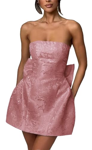Embroidery Satin Short Prom Dress for Womens Straplesss Party Cocktial Homecoming Mini Gown with Bow Back
