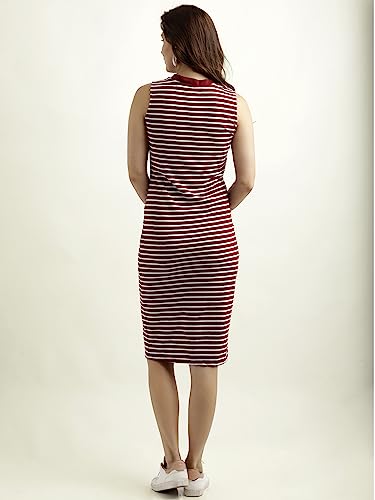 Image of Miss Chase Women's Comfortable Round Neck Sleeveless Striped Midi Bodycon Dress with Zipper