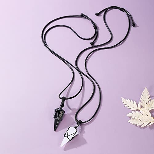Vadiforest 2 Pcs Natural Obsidian & Clear Quartz Couple Pendant Necklace Set Reiki Healing Crystal Stone Hexagonal Pointed Pendulum Necklace Kit Men Women Jewelry Gift For Valentines, Birthday #TOP4