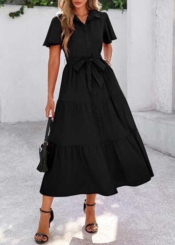 Image of KIRUNDO Summer Button Down Wedding Guest Shirt Dresses for Women Maxi Flutter Short Sleeve Flowy Tiered Beach Sun Dress