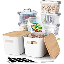 Citylife 2 PCS Storage Bins with Bamboo Lids and 6 PCS 3.2QT Plastic Storage Containers for Organizing Stackable Clear Storage Boxes with Handle