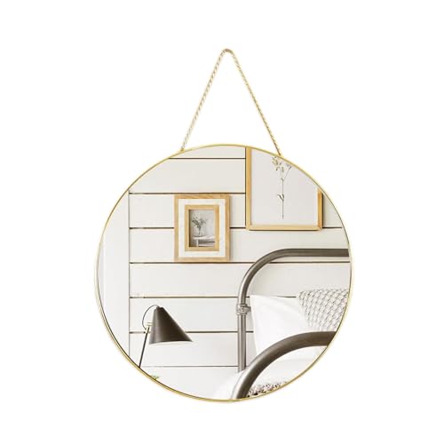 Numjeg Wall-Mounted Vanity Mirrors Hanging Rope Mirror Gold Round Lanyard Mirror Bedroom Circular Decorative Bathroom Living Room Home Decor 30CM