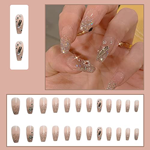 Press On Nails Medium Length Fake Nails Sparkly Full Cover Stick On Nails Bling French False Nails With Gems Diamond Nail Tips With Rhinestone Acrylic Nails For Women Girls 24Pcs (Nude Sequins) #TOP2