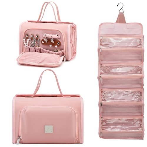 ROYALFAIR Roll Up Makeup Bag, Waterproof Toiletry Bag for Women, Hanging Travel Organizer bags with Jewelry Organizer Compartment, Extra Large 4 Clear TSA Approved Pouches Cosmetic Makeup (light red)