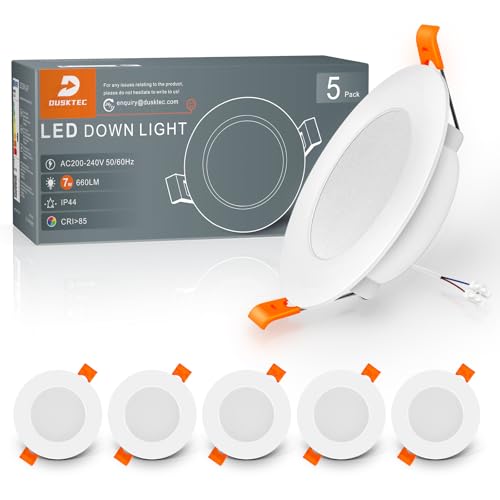DUSKTEC Pack 5 Downlight LED Empotrable 7W 660 Lúmenes, Blanco Cálido, 230V Ojos de Buey LED para Techo Redondo, Foco LED Techo Empotrable IP44 para Baño Cocina, Corte 75-90mm