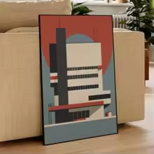 Toile Bauhaus 60x80cm encadrée pour habiller un grand mur blanc de salon contemporain