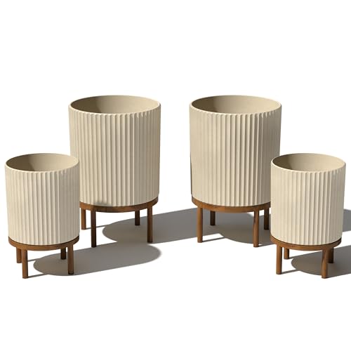 Image of Veradek Demi Series Raised Duo Planters - Set of 2 Planters with Stands | Made From a Durable Plastic-Stone Composite & Comes With Wooden Stand. Modern Porch /Patio Decor