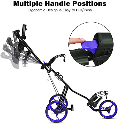 Graffy Golf Push Cart With Seat, 3 Wheel Golf Pull Cart With Height-Adjustable Handle, Lightweight Folding Golf Trolley With Scoreboard Bag Foot Brake, Cup & Umbrella Holder (Navy) #TOP5