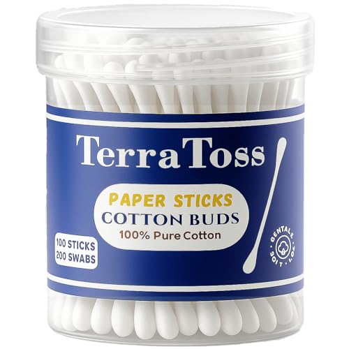 TerraToss Cotton Ear Buds [200 Swabs] | Premium Paper Stick Cotton Swabs | 100% Pure & Soft Cotton (100 Sticks)