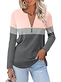 TICTICMISS Women's Long Sleeve Shirts Zipper Color Block V Neck Tunic Tops Casual Blouse