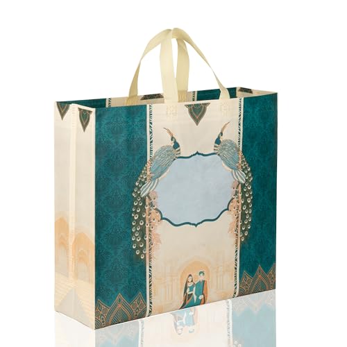Image of Lavya Wedding Special Reusable Non-Woven Laminated Gift Bags, Wedding Gifts, Shagun, Traditional Gifting, Saree Mithai Chandi Carry Bag (Peacock Bhaji Blue, L-15.5x15x5, Pack of 10)