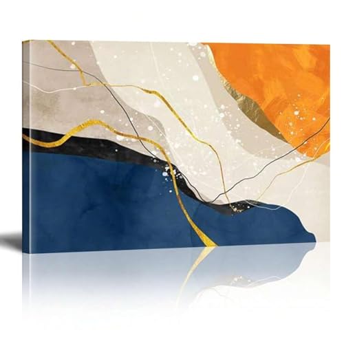 Peinture murale abstraite sur grande toile bleu marine et orange œuvre moderne 60x80