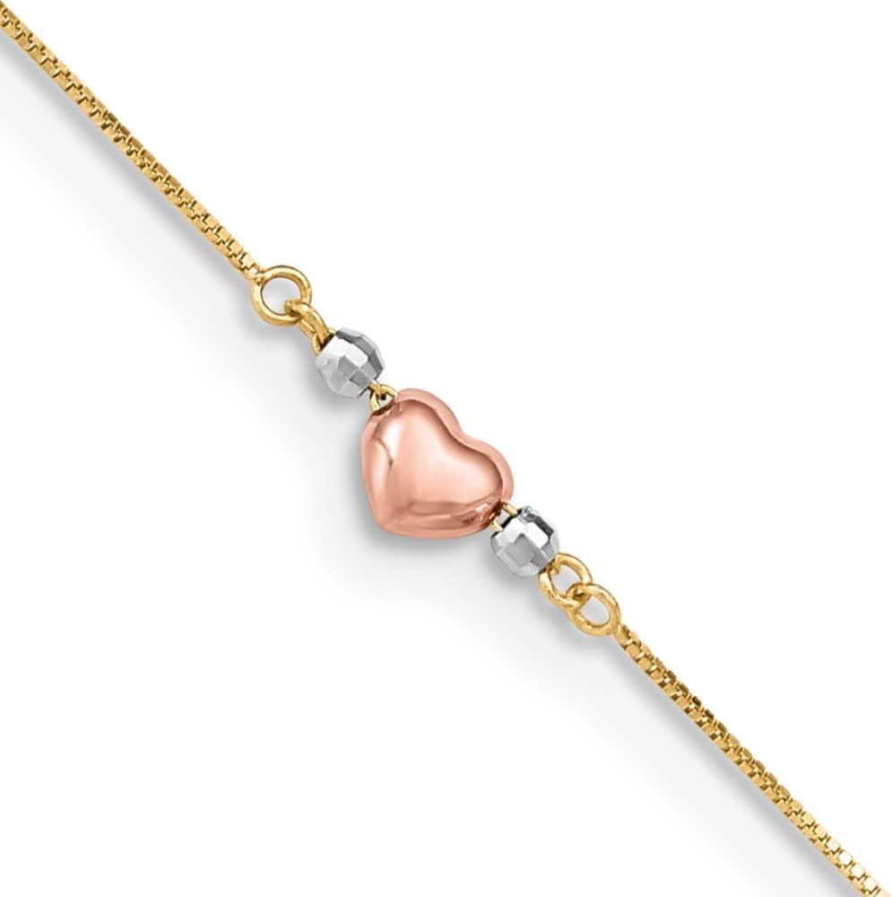 14k Gold Tri-Color Puffed Heart 10" Plus 1in ext Anklet