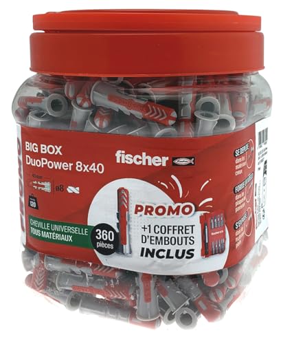 fischer - BigBox de 360 Chevilles Tous matériaux DuoPower 8x40 + 1 Coffret d'embouts Offert