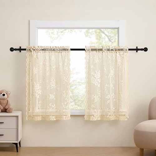 SEEKRIGHT Beige Lace Cafe Curtains 36 Inch Length Rod Pocket Privacy Sheer Short Kitchen Curtains 2 Panels Set Light Filtering Bathroom Small Window Curtain for RV Basement Laundry Camper, 26x36