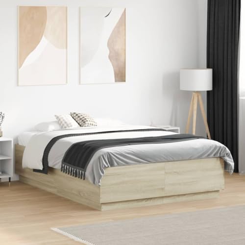 KLYEON Estructura Cama con Luces LED Madera Roble Sonoma 120x190 cm,Estructura de Cama LED con Luces RGB y Listones de Madera Roble Sonoma Camas y somieres