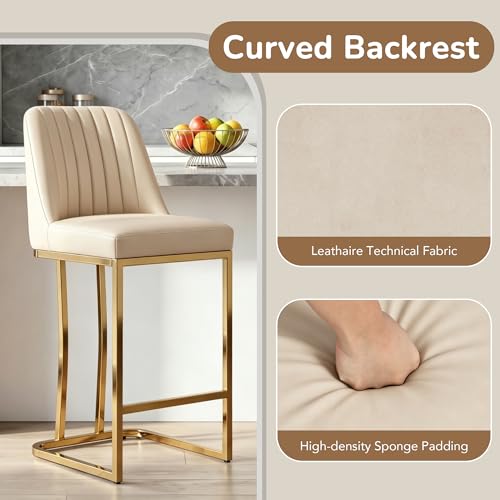 Image of LSSBOUGHT Counter Height Bar Stools Set of 2 24'' Upholstered Padded Barstools with Back Leathaire Counter Stools for Kitchen Island Chairs with Gold Metal Iron Frame, Beige