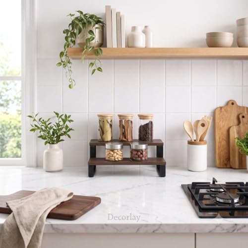 Image of Decorlay 2-Tier Metal & Laminated Board Spice Rack Organizer Kitchen countertop rack Size: 30x18.5x13 CM Color: Brown & Black