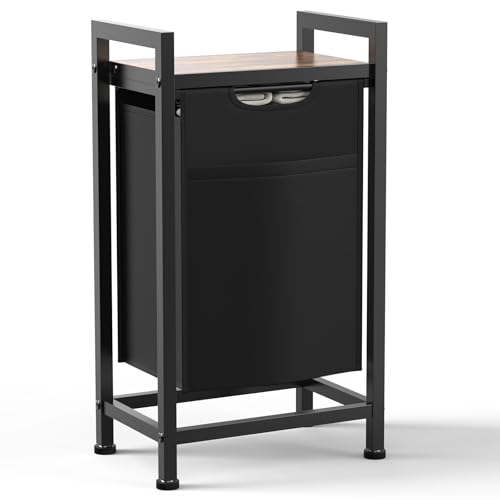 Sweetcrispy Wäschesammler mit Rollen, Wäschekorb 1 Fach, 56 L, mit Ablage, abnehmbarer Wäschesack, Wäschewagen für Waschküche/Bad, Schwarz