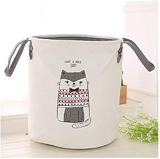 TVMALL Foldable cotton and linen storage bag large laundry basket fashion printing suitable for home storage toys or laundry 35x40cm(Pink cat)