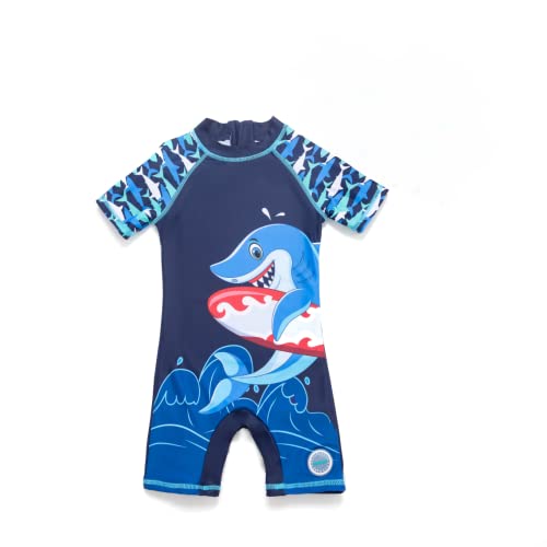 BONVERANO Bañador de una Pieza para bebé recién Nacido, Mangas largas, protección UV 50+, bañador con Cremallera(Azul-tiburón,9-12meses