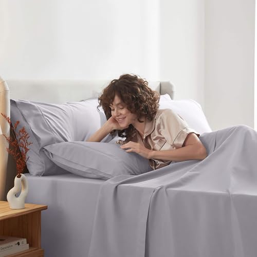 Image of Nestl Extra Deep Split King Sheet Set - 7 Piece Breathable & Cooling Sheets - Hotel Luxury Bedding Set w /18-24 Inch Deep Pockets - Easy & Secure Fit - Super Soft, Wrinkle Free & Comfy - Gray Lavender