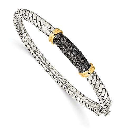 925 Sterling Silver 14k True Two Tone Yellow Gold Black Diamond Bangle Bracelet Cuff Expandable Stackable Hinged Fine Jewelry For Women Gifts For Her