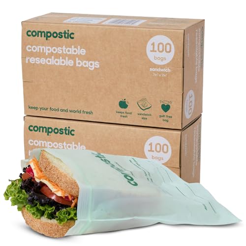 Compostic Compostable XL Sandwich Bags (180 + 20 Count) Bulk Pack Resealable Zip-Seal Plant-Based Home Compostable Freezer & Microwave Safe BPA-Free Non-Toxic GMO-Free Food Storage Bag