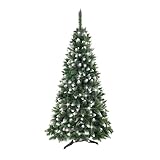 ASPECTO: árbol de Navidad grande y frondoso, color verde y blanco nevado en forma de cono.