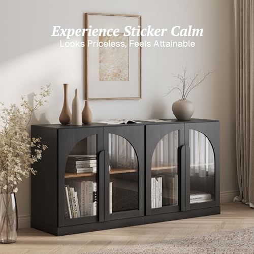 Image of BELLEZE Set of 2 Modern Sideboard Buffet Cabinets (63 inch Wide) - Large Kitchen Credenza with 4 Arched Glass Doors - Seamless Storage Console for Living Room - Ebony
