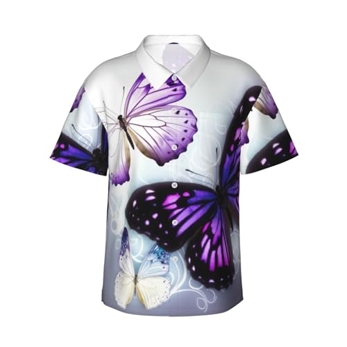 Chemise hawaïenne imprimé papillons blancs et violets haut de vacances