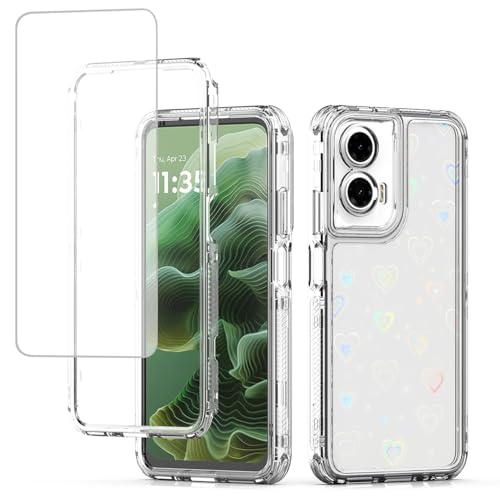 Tothedu for Moto G35 Case, Motorola G 35 5G Case with Tempered Glass Screen Protector, Holographic Pattern Clear Full Body 3 Layer Protective Phone Cover for Motorola Moto G35 Heart