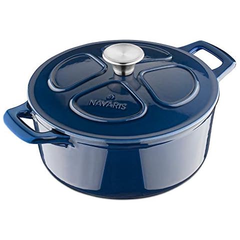 Navaris Cacerola de hierro fundido con tapa - Cazuela redonda 24 CM - Marmita de 3.5 L - Azul Cover