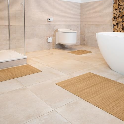 DE-COmmerce Bambus Badematte Lines im 3-er Set, Badteppich, Holzteppich,...