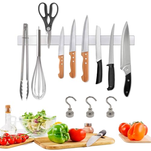 Barra Magnética para Cuchillos,40cm Iman Cuchillos de Cocina,Iman para Cuchillos de Cocina Con 3 Ganchos Magnéticos,Soporte Cuchillos Cocina,Soporte Utensilios Cocina,Sin taladrar,Autoadhesiva