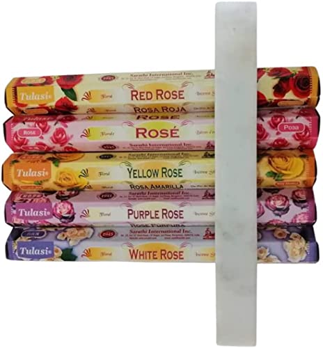 Surtido Mix Incienso Natural de Rosas Aromaterapia - 5 Paquetes de 20 Unidades c.u.+ Soporte Incienso Incensario Mármol Blanco 26 x 3,5 cms. - Porta Incienso Resistente y Elegante