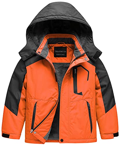 Boy's Waterproof Ski Jacket Warm Winter Fleece Snow Coat Windproof Snowboarding Rain Jacket, Orange, 10-12 Years