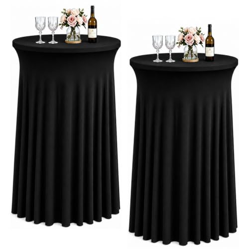 HAISIWLKJ Round Spandex Cocktail Table Skirt, Fitted Black High Top Table Cover for Wedding & Party, 2 Packs (Fits 32" Diameter x 43" Height)
