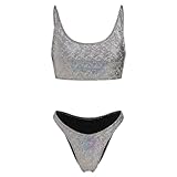 FYMNSI Rave Outfits for Women 2 Piece Shiny Holographic Metallic Cutout Tank Crop Top High Waist Panties Booty Shorts Bottom Hologram Tankini Swimsuit Bikini Set Beach Wear Clubwear Metal Black S