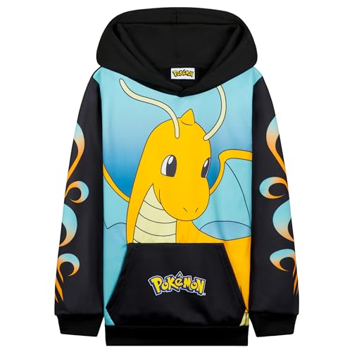Pokemon Hoodie for Boys & Teens Hooded Sweatshirt Warm Anime Pikachu Sweater (Black/Blue Dragonite 11-12 Years)