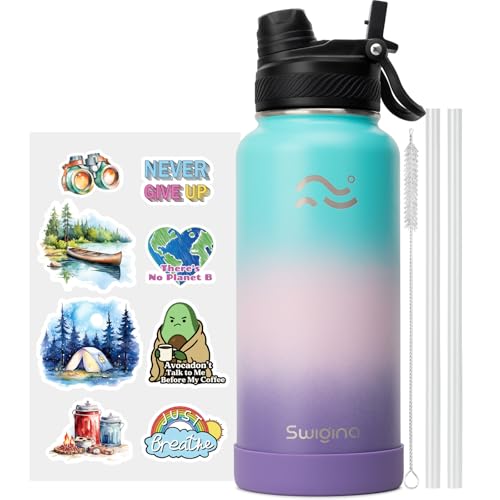 Image of Swigina [2-IN-1 LID] Insulated Water Bottle with Silicone Boot (36hrs Cold /18hrs Hot) - DIY Stickers, Leakproof, BPA Free, 32 oz