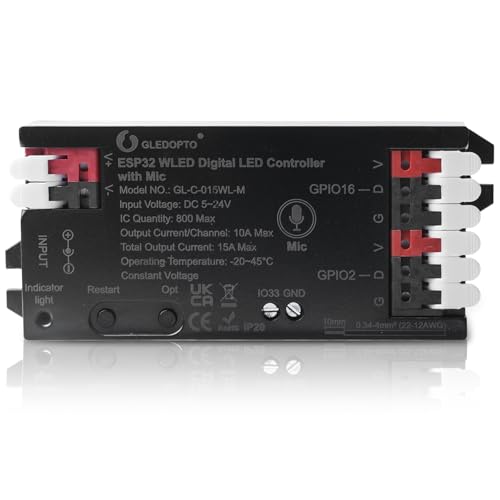 GAOUTO Contrôleur Wled : contrôleur de bande LED numérique ESP32, téléchargement pour contrôler (WS2812B, WS2811, SK6812, WS 2801 APA 012, APA104) pour les applications de bricolage et de maison