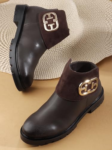 Image of ELLE Women's Chic Dual Texture with Gold-Tone Embellishment Ankle Boots