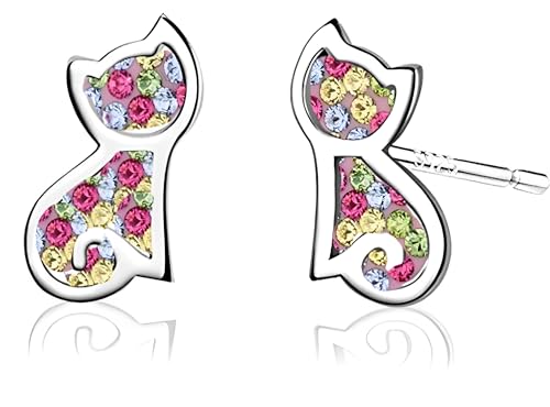 Kaguyo - Pendientes de gato para mujer, plata de ley 925 con circonita de ojo azul, diseño de gatito, para mujeres y niñas, regalo de cumpleaños, Medium, Circonita cúbica, Circonia cúbica